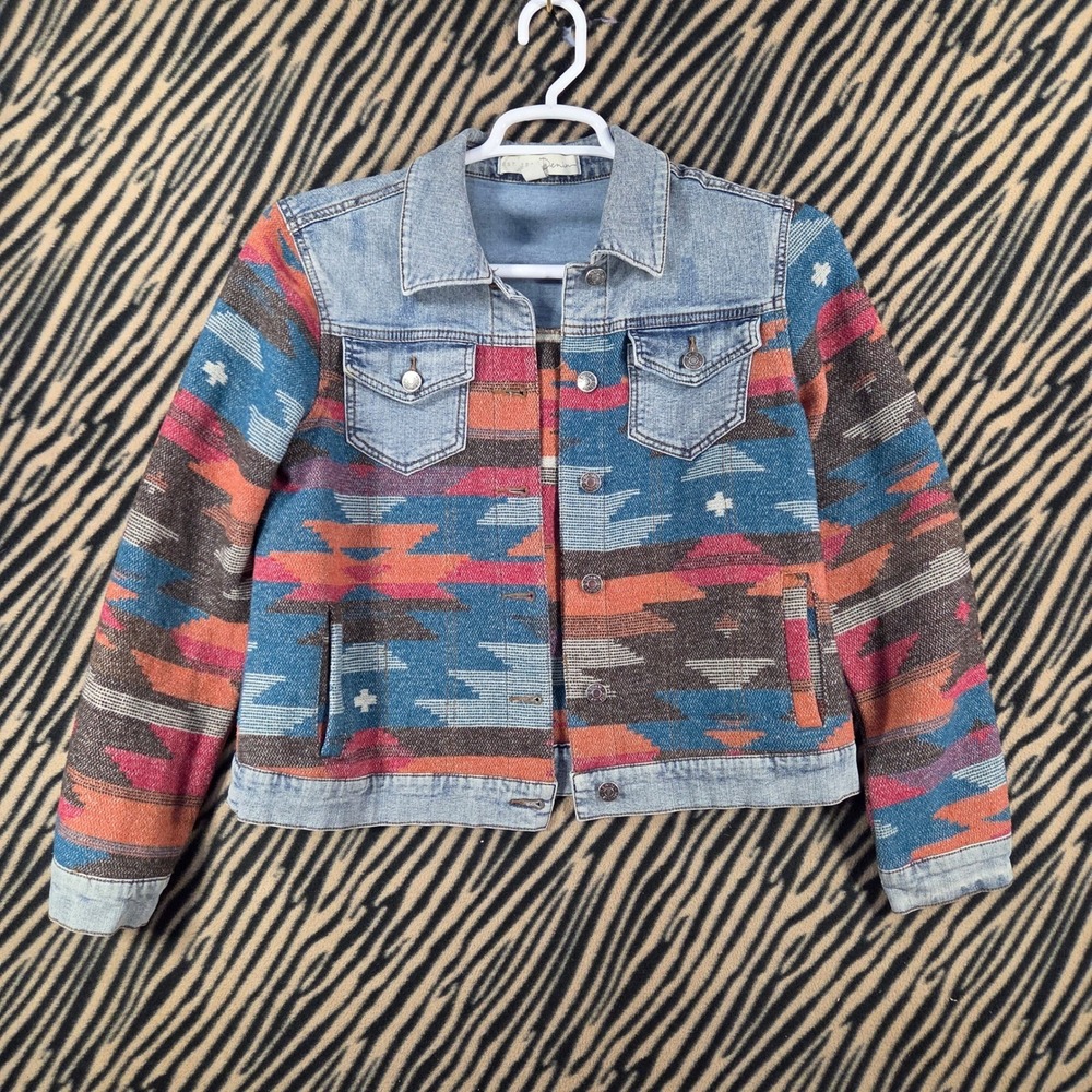 EST 1946 Denim Southwestern Woven Tapestry Jean Jacket Womens Small Blue Multi